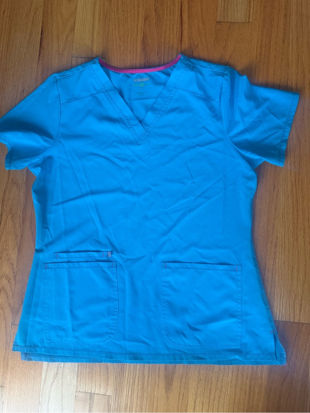 Scrubstar Women's V-Neck Scrub Top - Turquoise Blue with Pink Trim